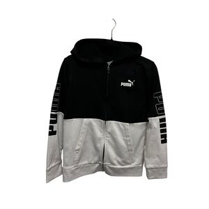 Kids Puma Color Block Zip Up Hoodie Black White Athletic Logo Sleeve Size L